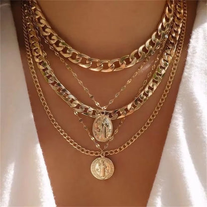 Vintage Punk Gold-plate Thick Chain Head Portrait Coin Pendant Necklace For Women